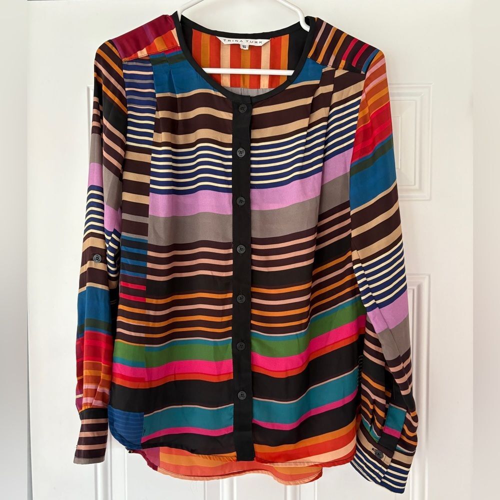 Trina Turk silk colorful striped long sleeve button down blouse size small